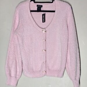 Hot Topic Sweet Society Pink Fuzzy Pink Sweater Cardigan Size XL NWT Rose Detail